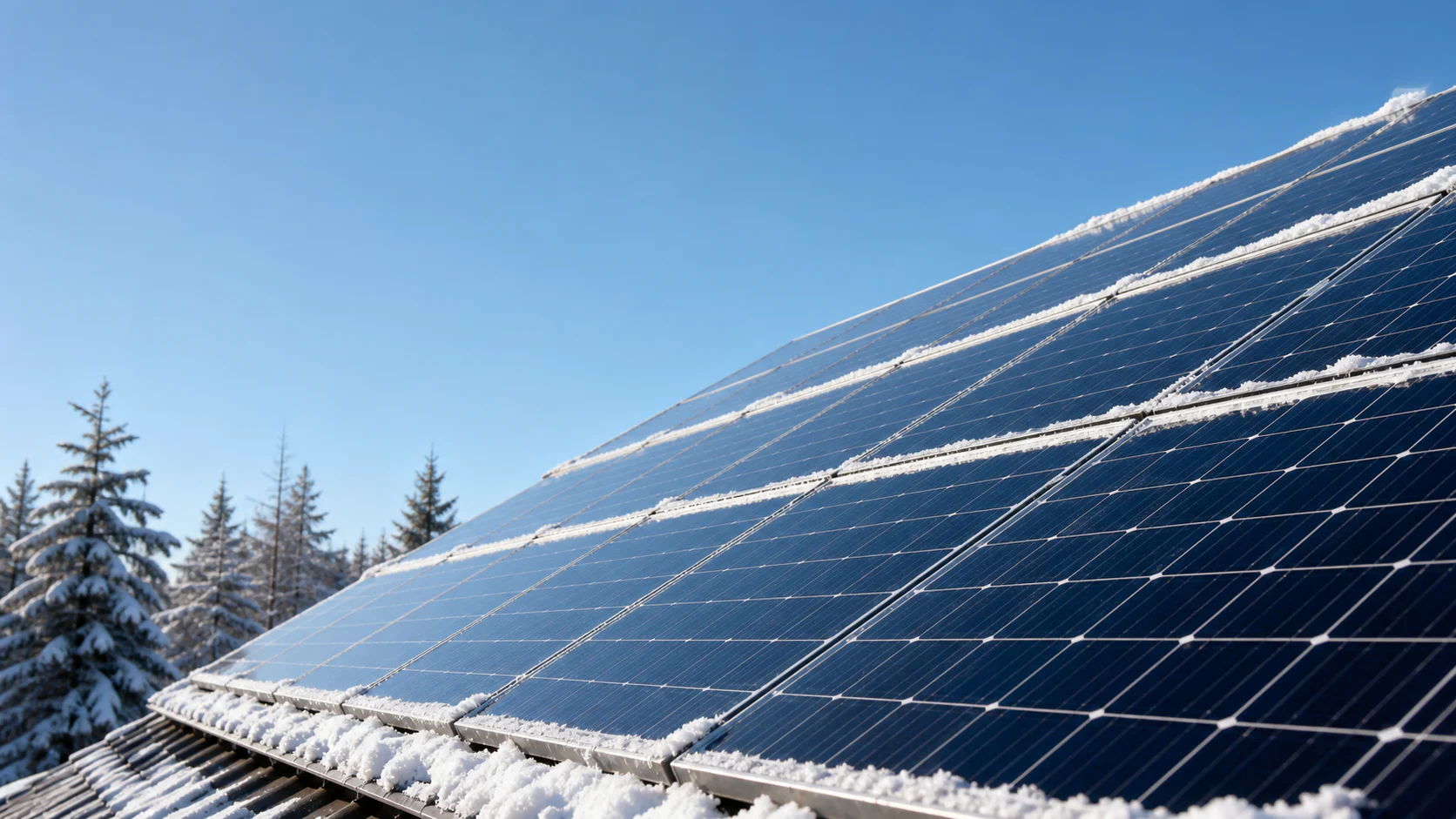 Panneaux solaires déneigés sous un ciel hivernal lumineux