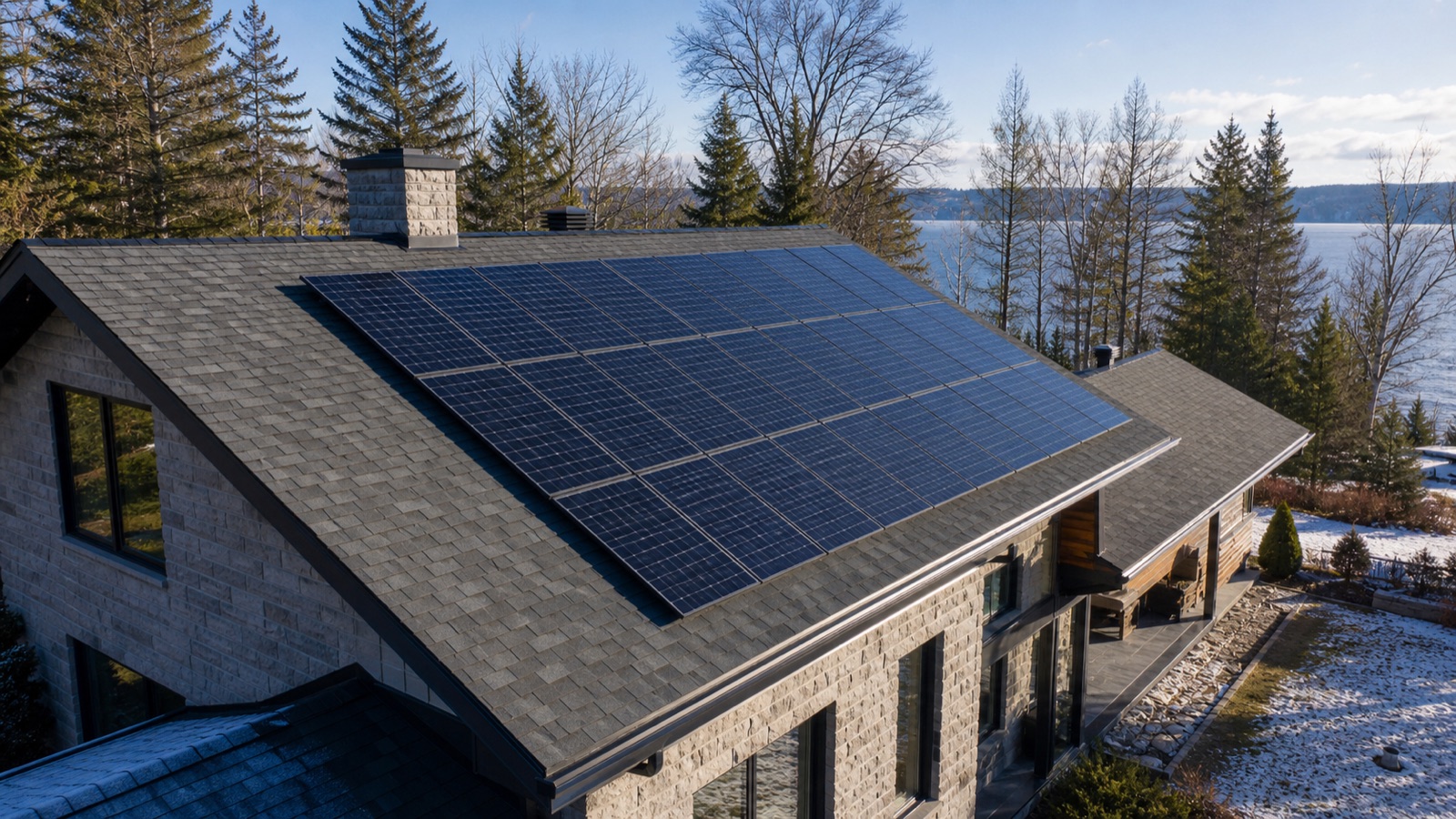 Toiture résidentielle canadienne équipée de panneaux solaires