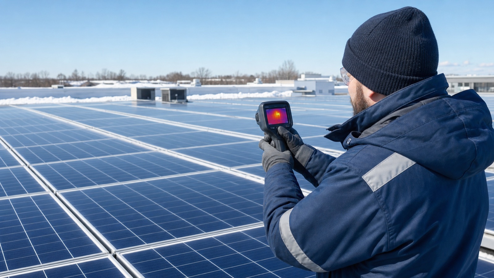 Technicien inspectant une installation photovoltaïque en hiver