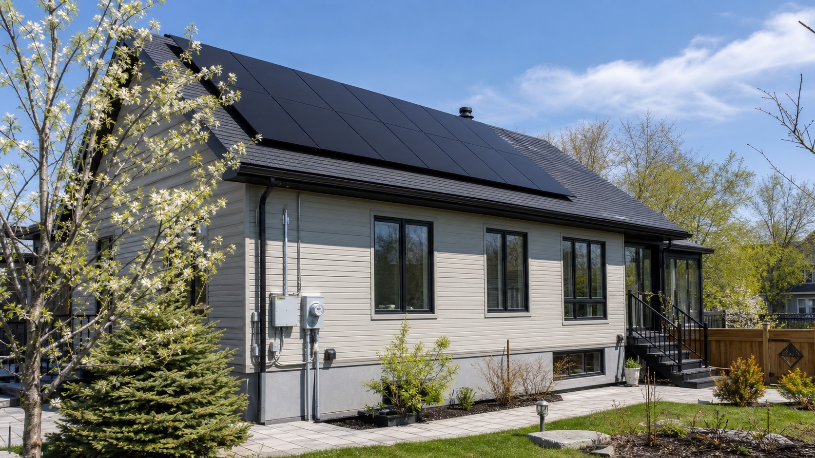 Maison ontarienne avec panneaux solaires noirs et compteur bidirectionnel