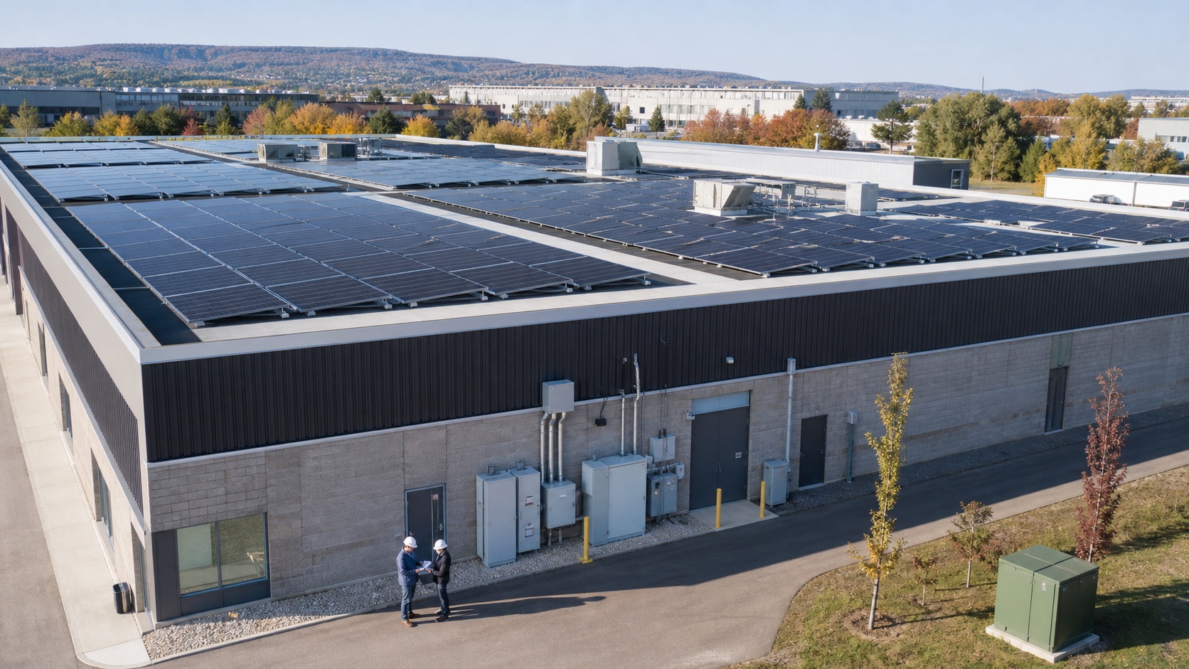 Installation solaire commerciale au Québec avec professionnels près du service électrique