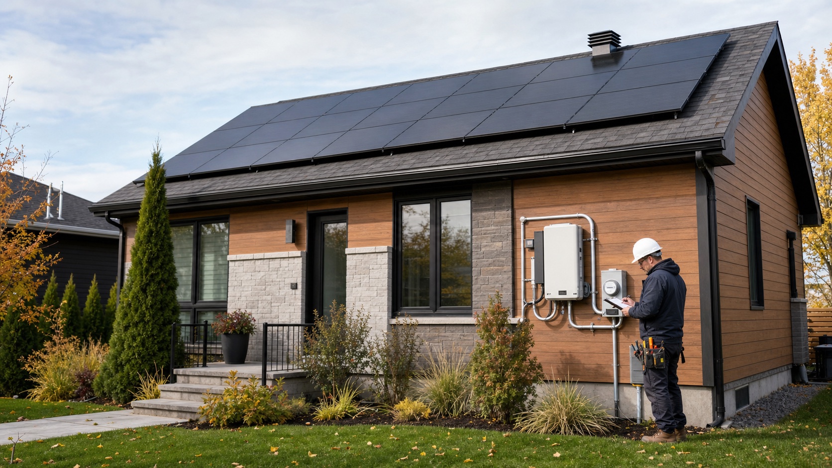 Maître électricien vérifiant un raccordement solaire résidentiel au Québec